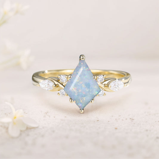 Unique Kite Lab Opal Engagement Ring Art Deco Promise Ring