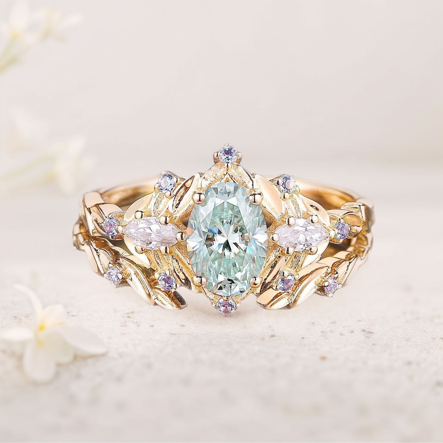 Vintage floral engagement rings Oval Green Moissanite Engagement Ring set Sapphire leaf Ring set