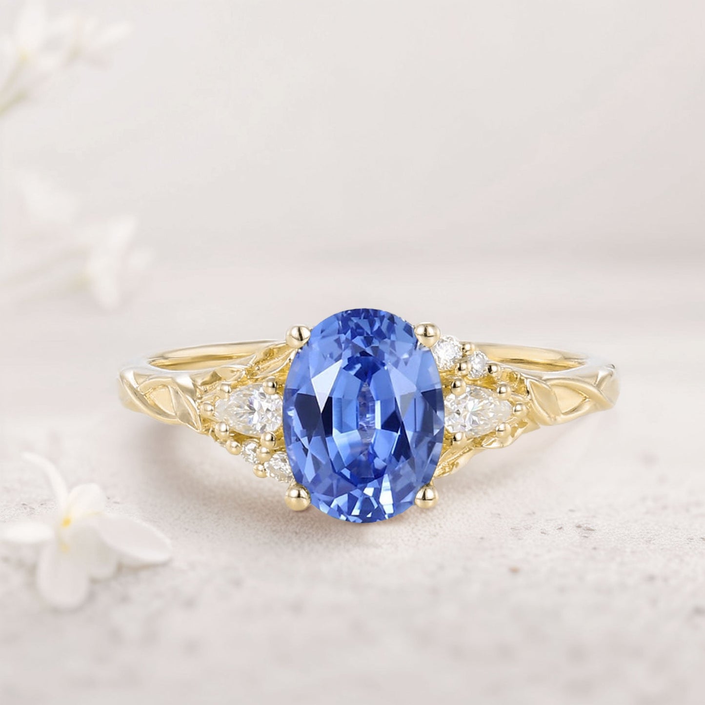 Unique Oval Lab Sapphire and Moissanite Wedding Ring