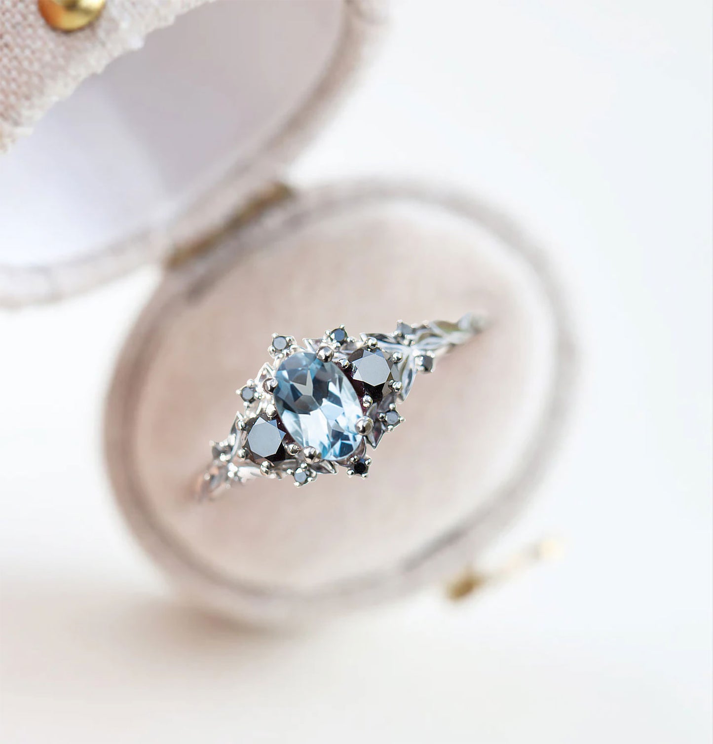 Unique Briar Rose Three Stone Oval Lab Aquamarine and Black Moissanite Ring