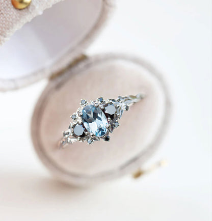 Unique Briar Rose Three Stone Oval Lab Aquamarine and Black Moissanite Ring