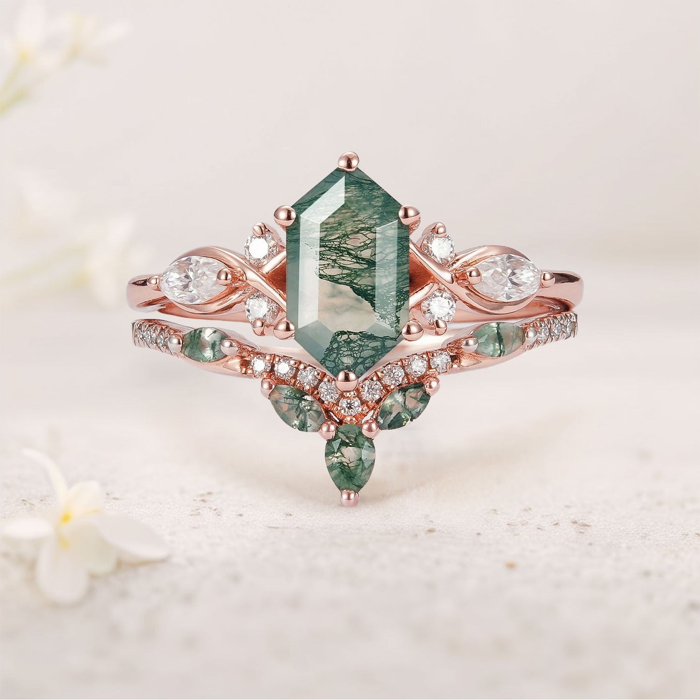 Vintage Nature Hexagon Cut Moss Agate Five Stone Ring Set