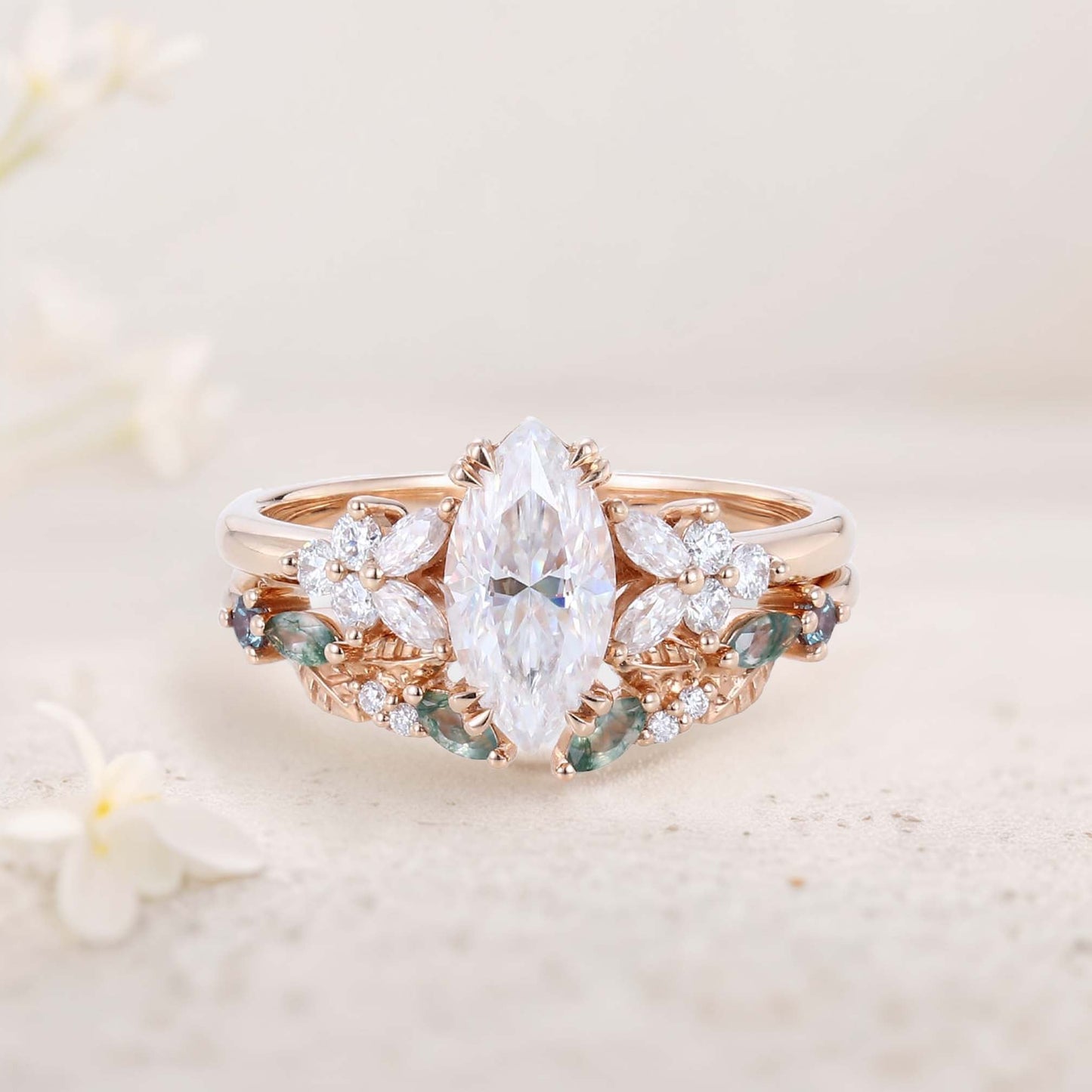 Vintage Marquise Moissanite Engagement ring set Cluster shank leaf Bridal Set