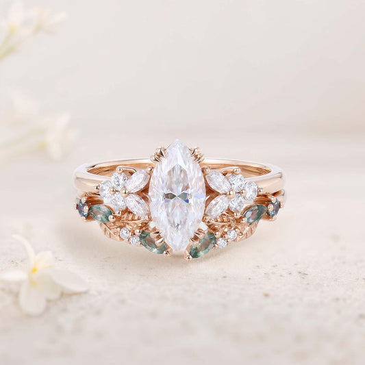 Vintage Marquise Moissanite Engagement ring set Cluster shank leaf Bridal Set