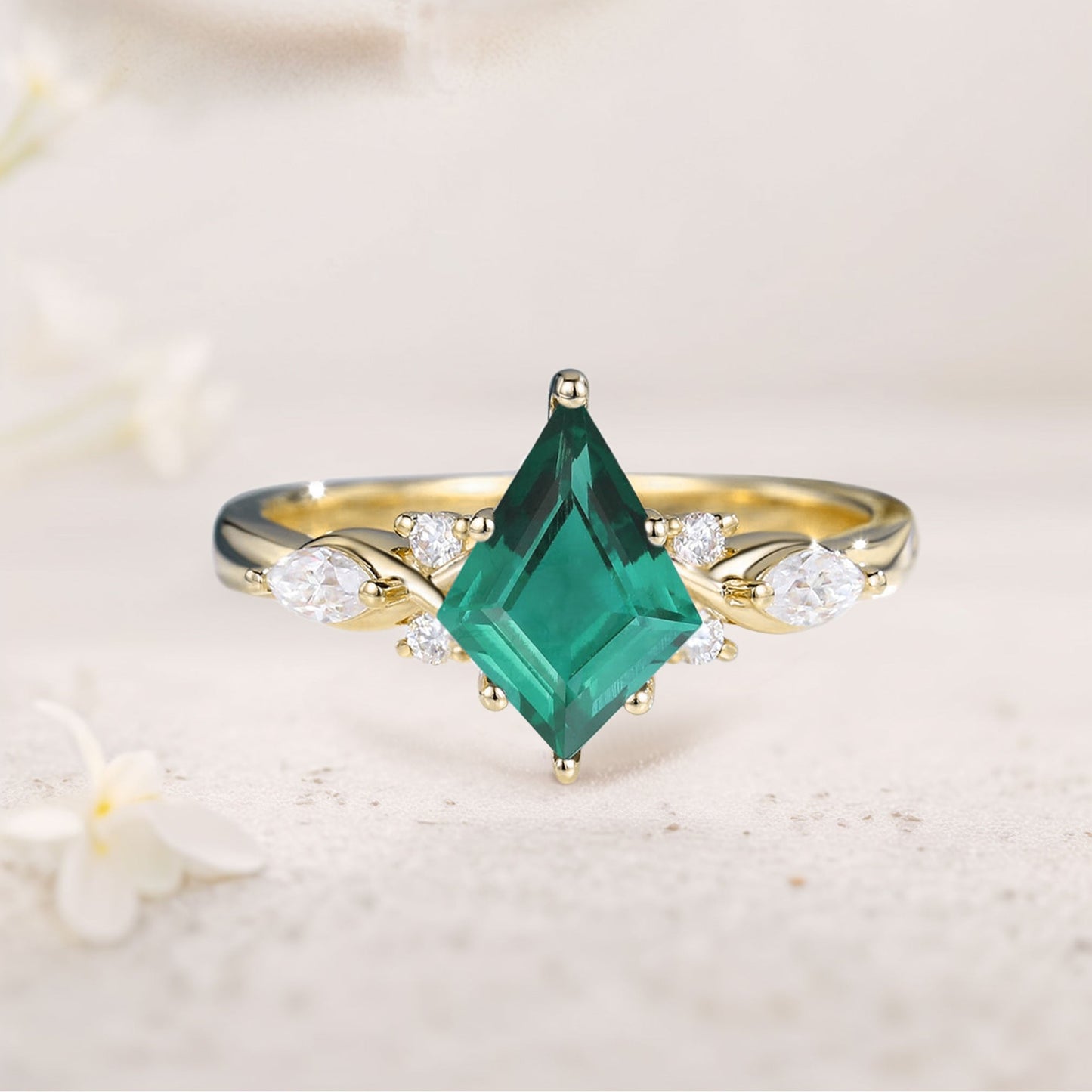 Unique Kite Lab Emerald Engagement Ring Art Deco Promise Ring