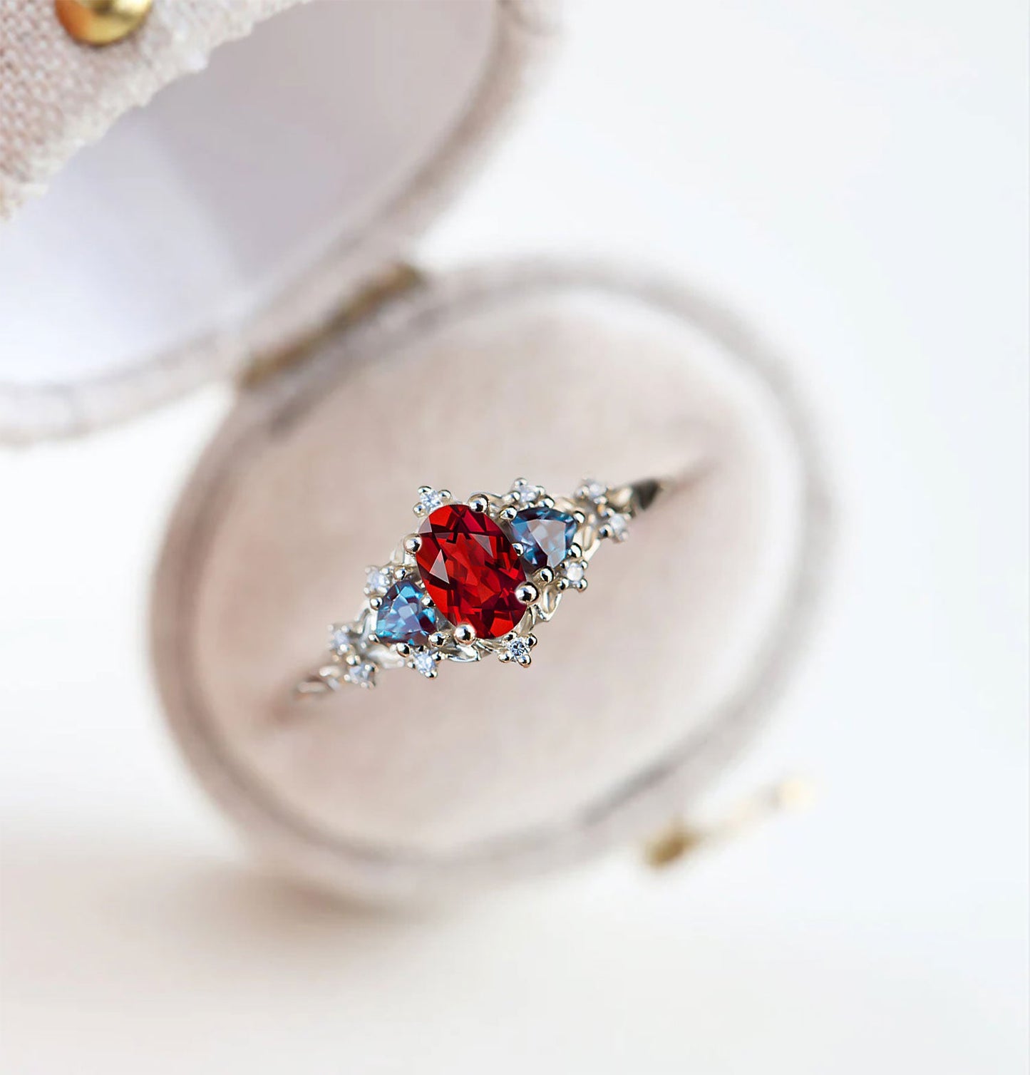 Unique Briar Rose Three Stone Oval Garnet and Lab Alexandrite Wedding Ring