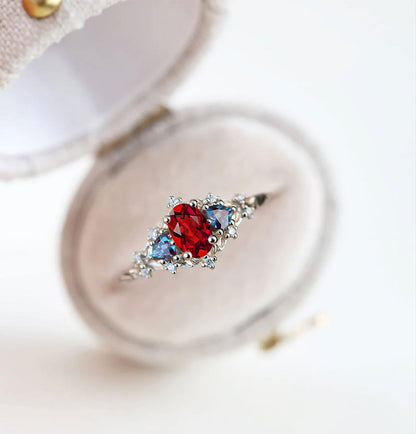 Unique Briar Rose Three Stone Oval Garnet and Lab Alexandrite Wedding Ring