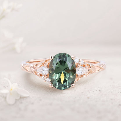Unique Oval Green Lab Sapphire and Moissanite Wedding Ring