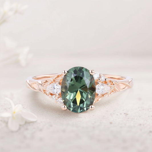 Unique Oval Green Lab Sapphire and Moissanite Wedding Ring