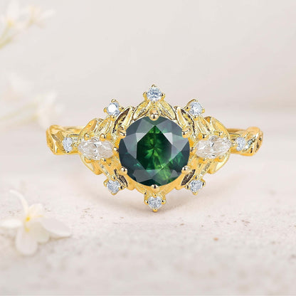 Unique floral engagement rings Round Citrine Flower Engagement Ring Art Deco Leaf Wedding Ring