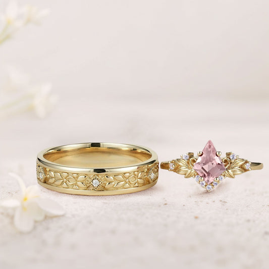 Vintage Kite Lab Padparadscha Promise Ring Engagement Ring Set for Couples