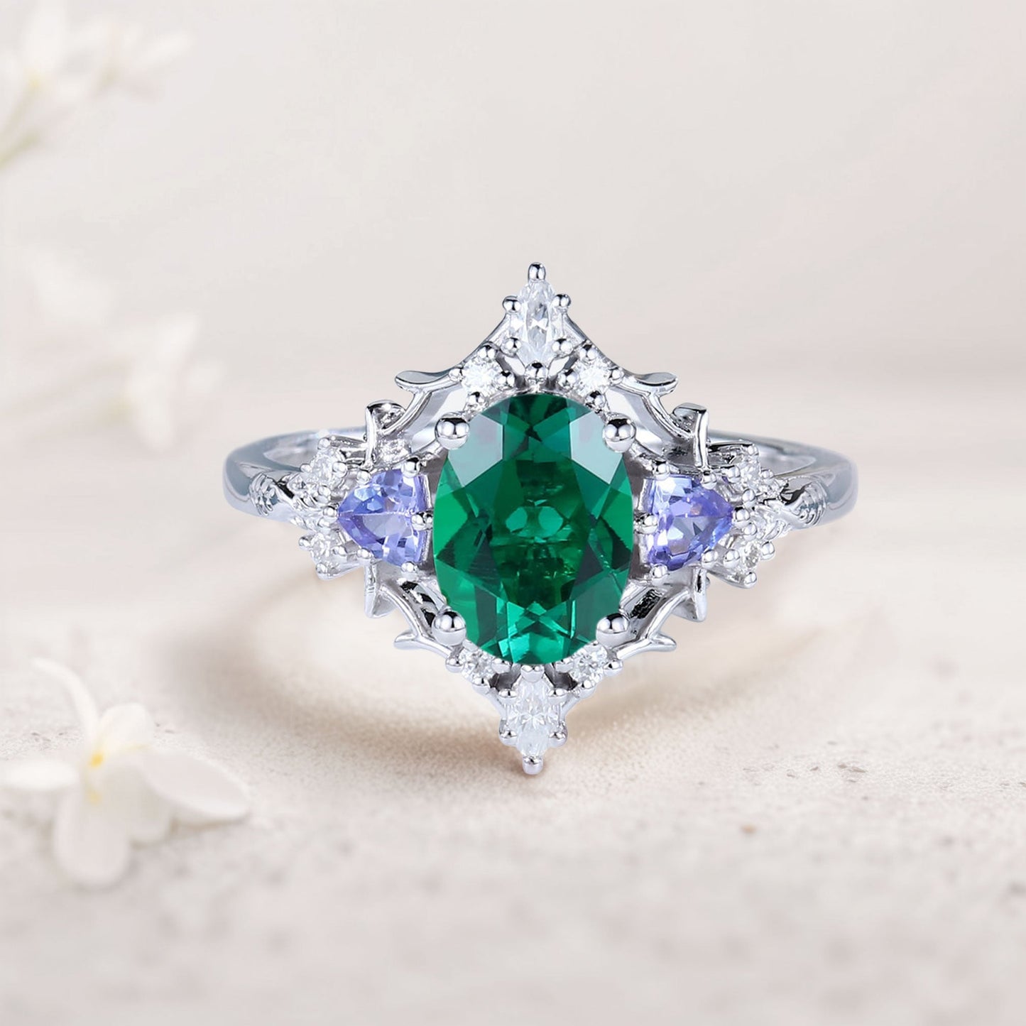 Vintage Briar Rose Oval Lab Emerald Engagement Ring Filigree Ring