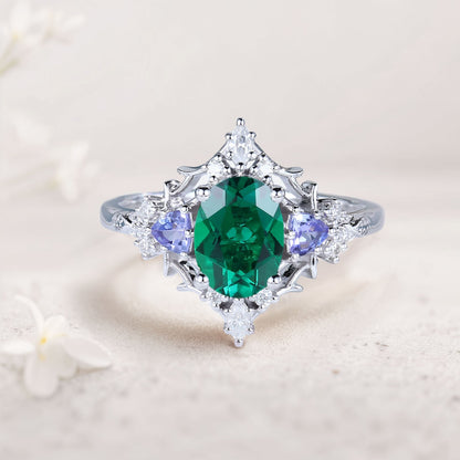 Vintage Briar Rose Oval Lab Emerald Engagement Ring Filigree Ring