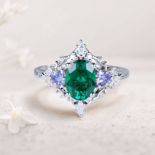Vintage Briar Rose Oval Lab Emerald Engagement Ring Filigree Ring
