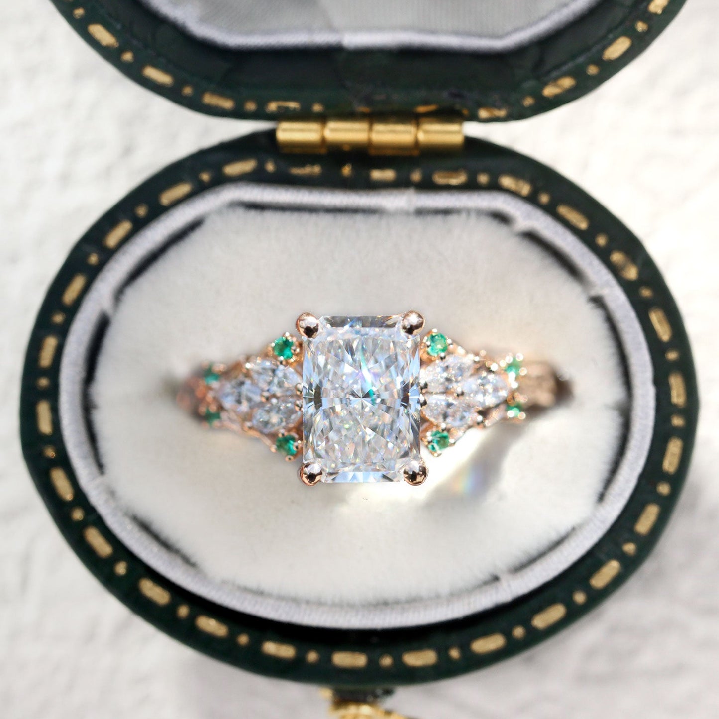 Unique Enchanted garden Emerald cut Moissanite Ring