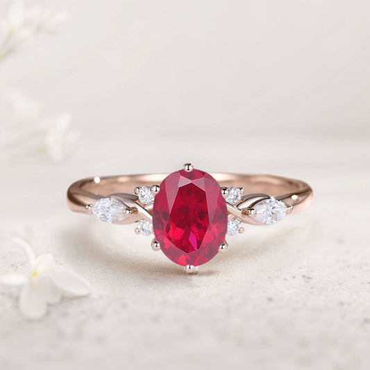 Vintage Oval Ruby and Moissanite Engagement Ring