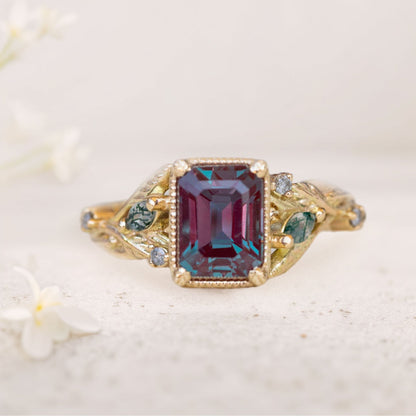 Vintage floral engagement rings Emerald cut Lab Alexandrite Engagement ring Promise ring