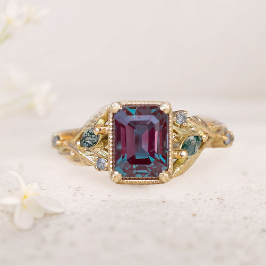Vintage floral engagement rings Emerald cut Lab Alexandrite Engagement ring Promise ring