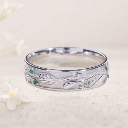 Unique floral engagement rings Nature inspired Wedding Band with Emeralds For Men