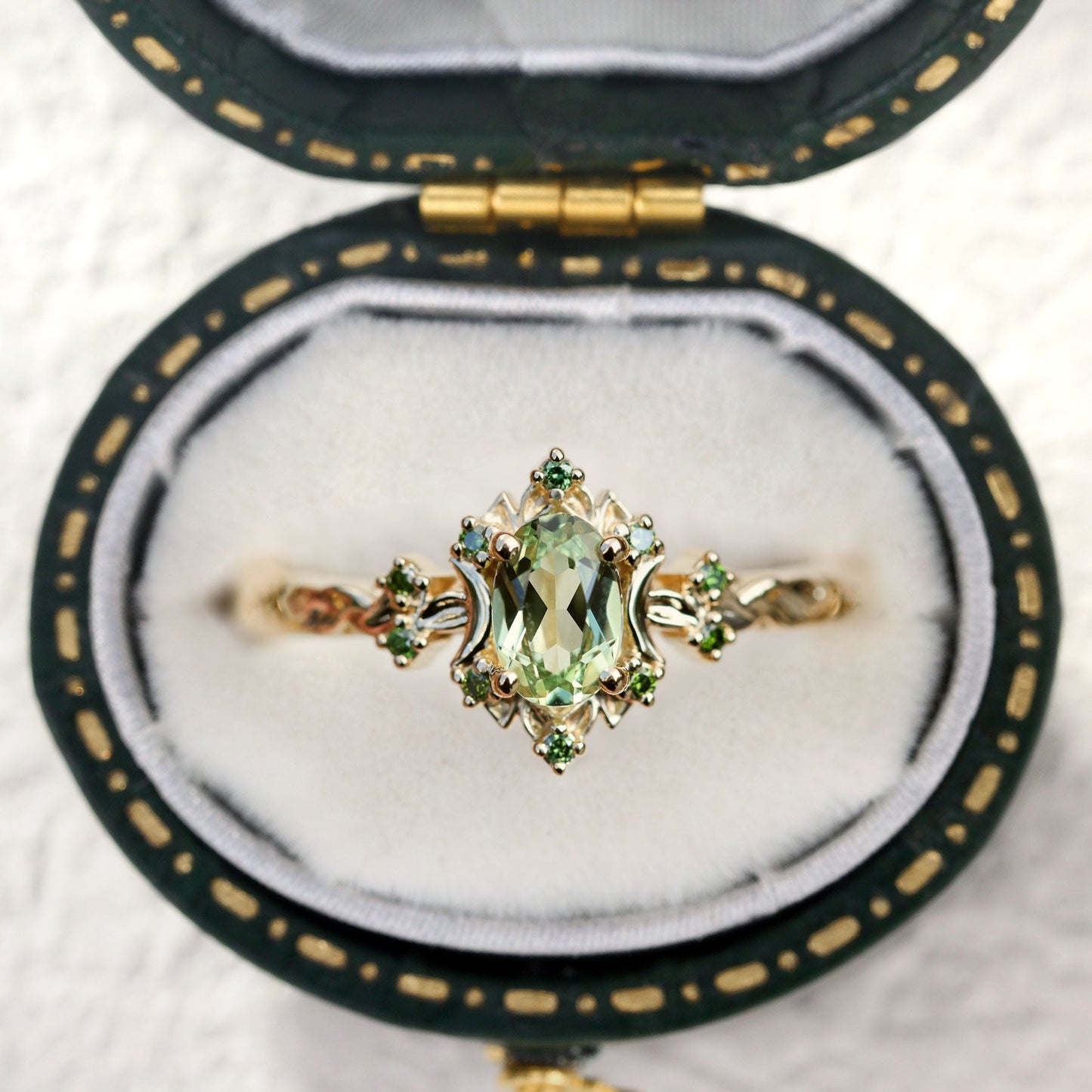 Unique Briar Rose Halo Moon Oval Green Lab Sapphire Ring