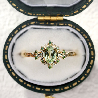 Unique Briar Rose Halo Moon Oval Green Lab Sapphire Ring