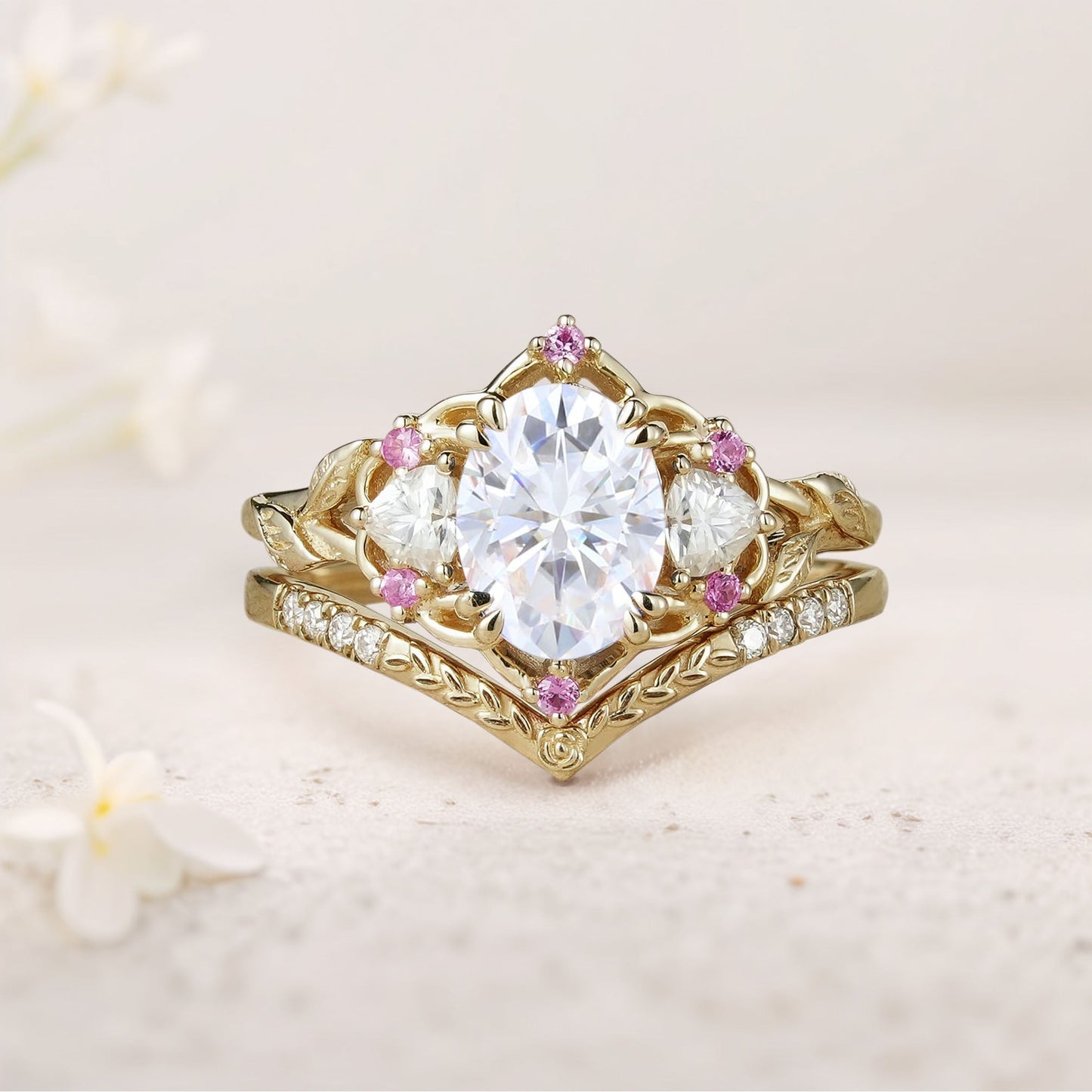 Vintage Three Stone Oval Moissanite Bridal Set