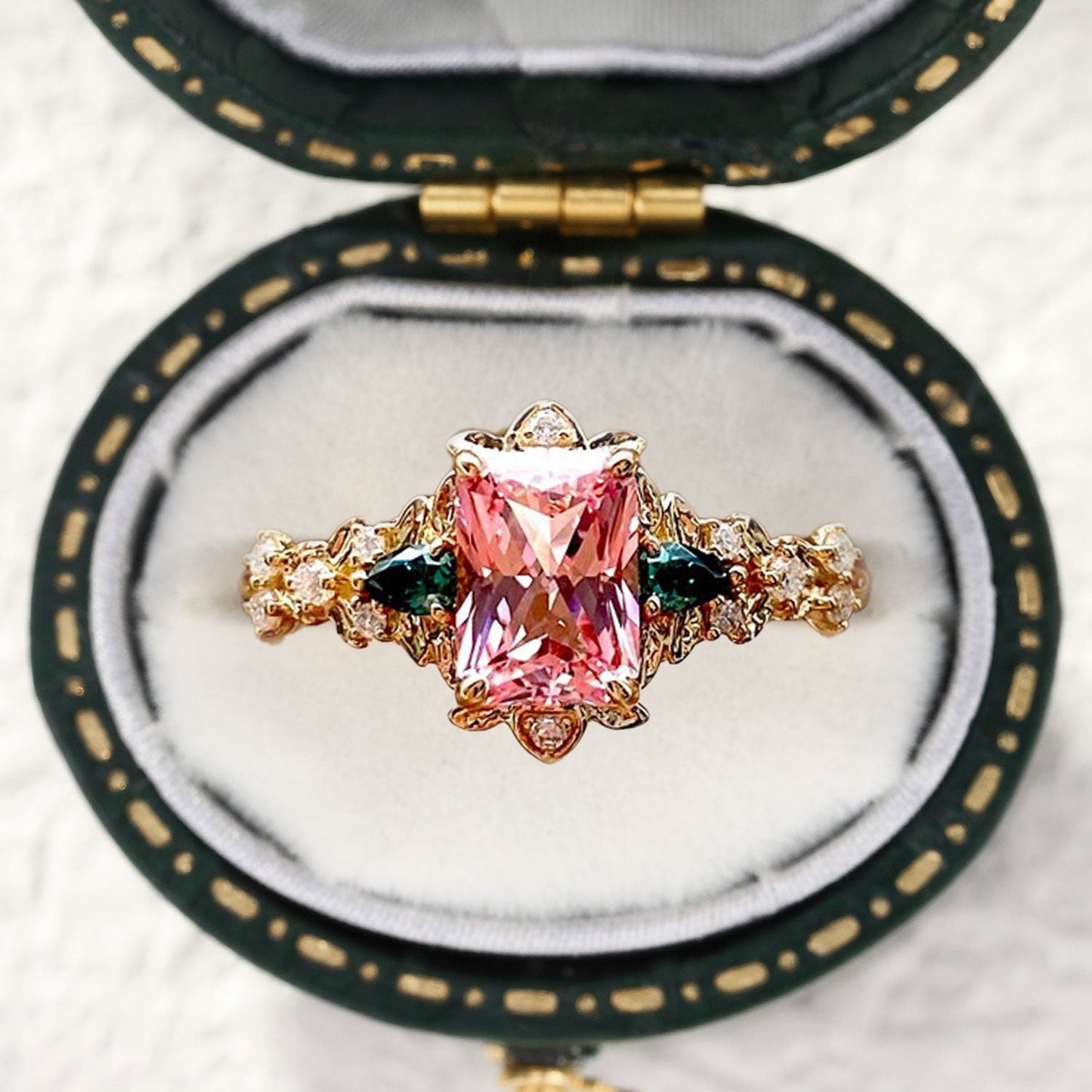 Vintage Emerald Cut Lab Padparadscha Engagement Ring Flower Wedding Ring