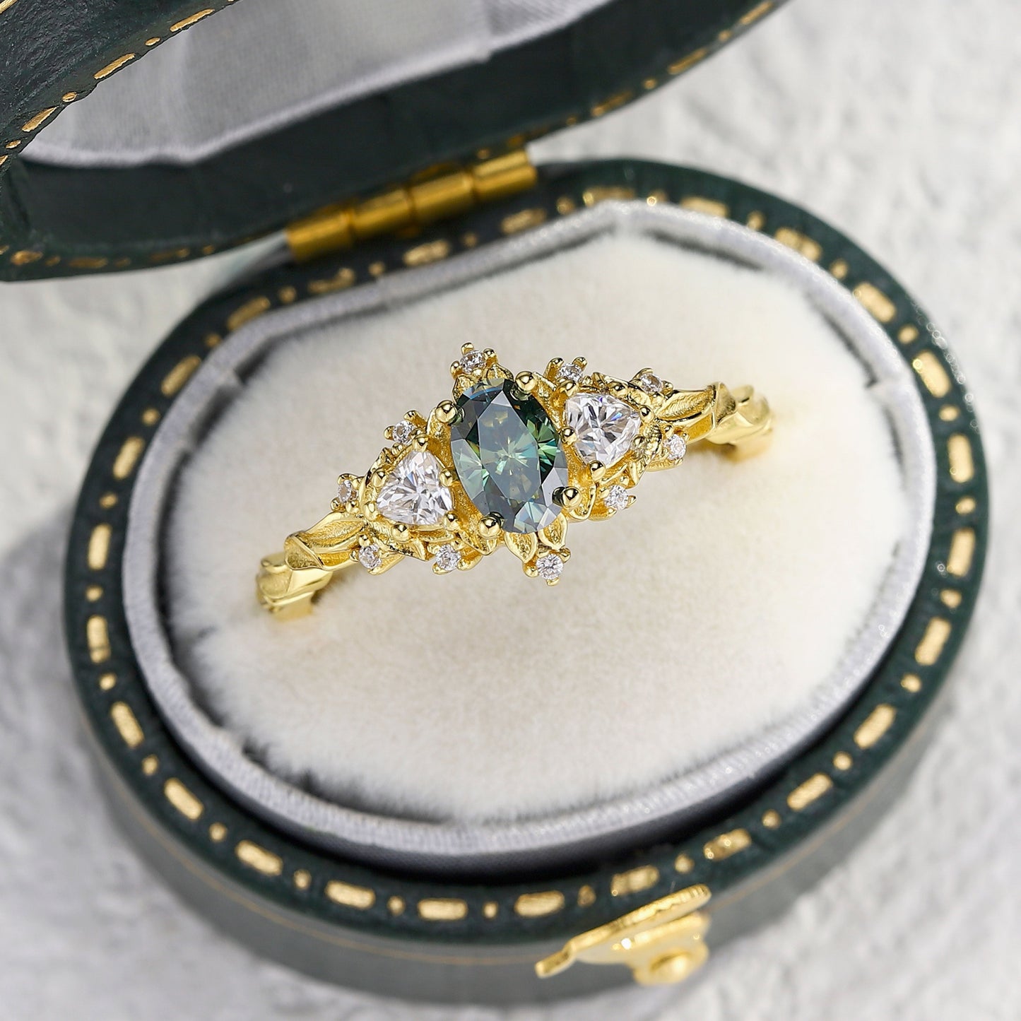 Unique Briar Rose Three Stone Oval Teal Moissanite Ring