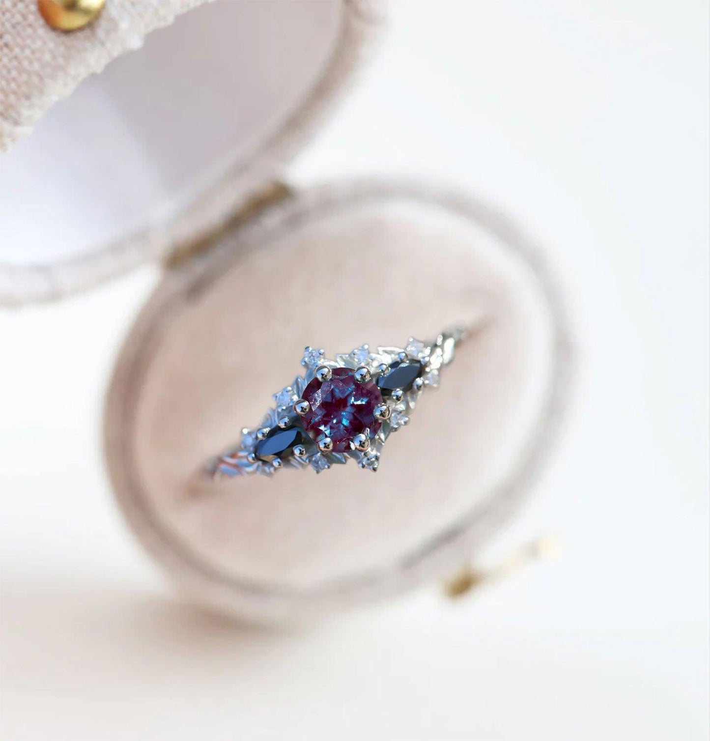 Unique Briar Rose Round Lab Alexandrite and Black Moissanite Ring