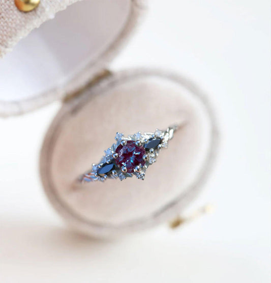 Unique Briar Rose Round Lab Alexandrite and Black Moissanite Ring