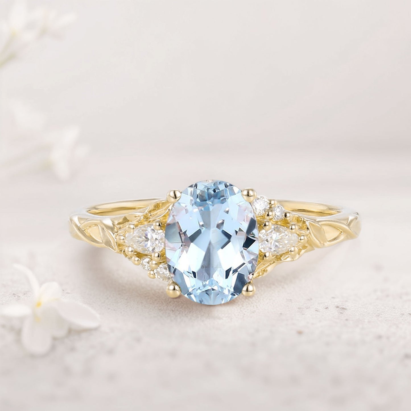 Unique Oval Lab Aquamarine and Moissanite Wedding Ring