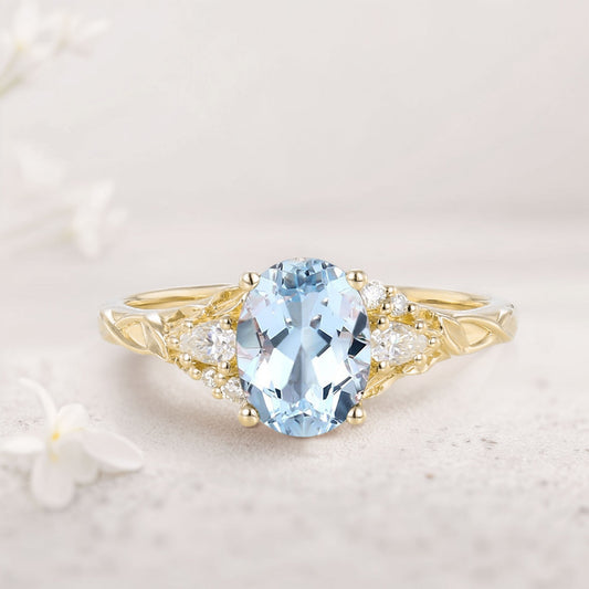 Unique Oval Lab Aquamarine and Moissanite Wedding Ring