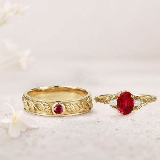 Unique Leaf Design Oval Lab Ruby and Moissanite Wedding Ring Promise Ring for Couples