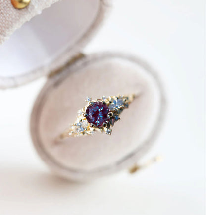 Unique Floral Rose Three Stone Round Lab Alexandrite Ring