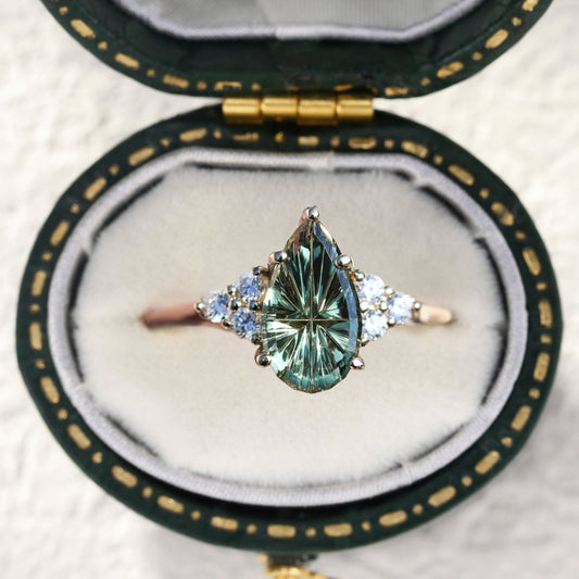 Unique Starbrite Cut Pear Lab Sapphire Cluster Engagement Ring