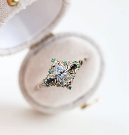 Unique Briar Moon Three Stone Marquise Moissanite and Lab Emerald Ring