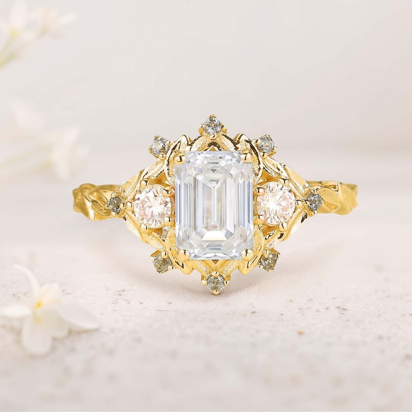 Vintage floral engagement rings Three Stone Emerald cut Moissanite ring Promise ring