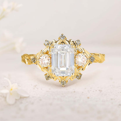 Vintage floral engagement rings Three Stone Emerald cut Moissanite ring Promise ring