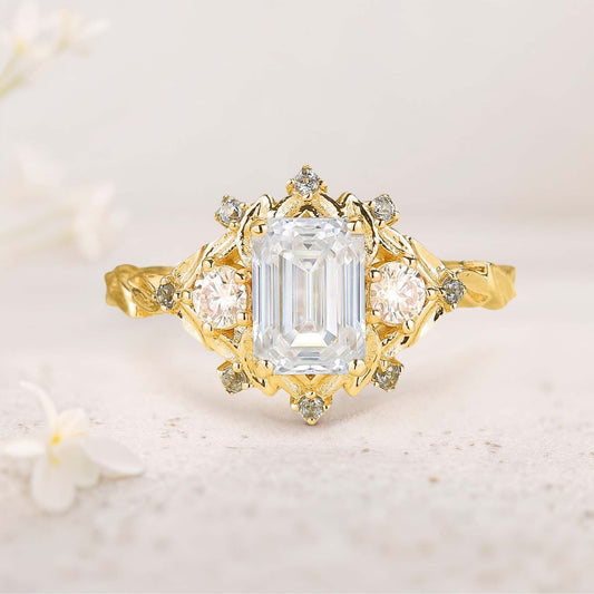 Vintage floral engagement rings Three Stone Emerald cut Moissanite ring Promise ring