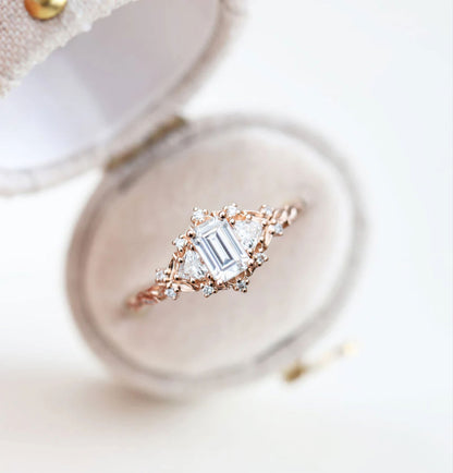 Unique Celeste Rose Three Stone Emerald cut Moissanite Ring