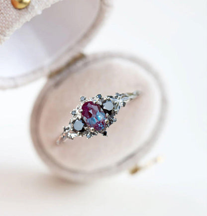 Unique Floral Rose Three Stone Oval Lab Alexandrite and Black Moissanite Ring