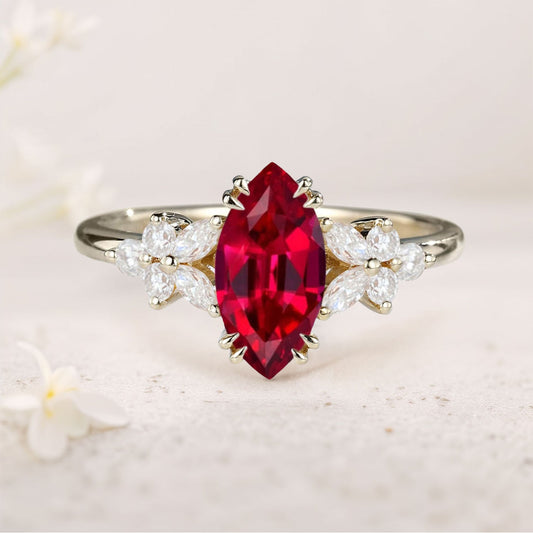 Unique Marquise Lab Ruby Engagement Ring Floral Elegance Bridal Ring