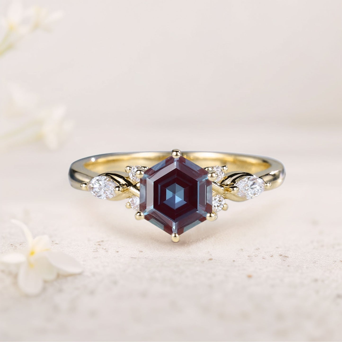 Vintage Hexagon Lab Alexandrite Engagement Ring For Women