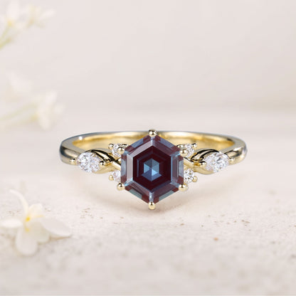 Vintage Hexagon Lab Alexandrite Engagement Ring For Women