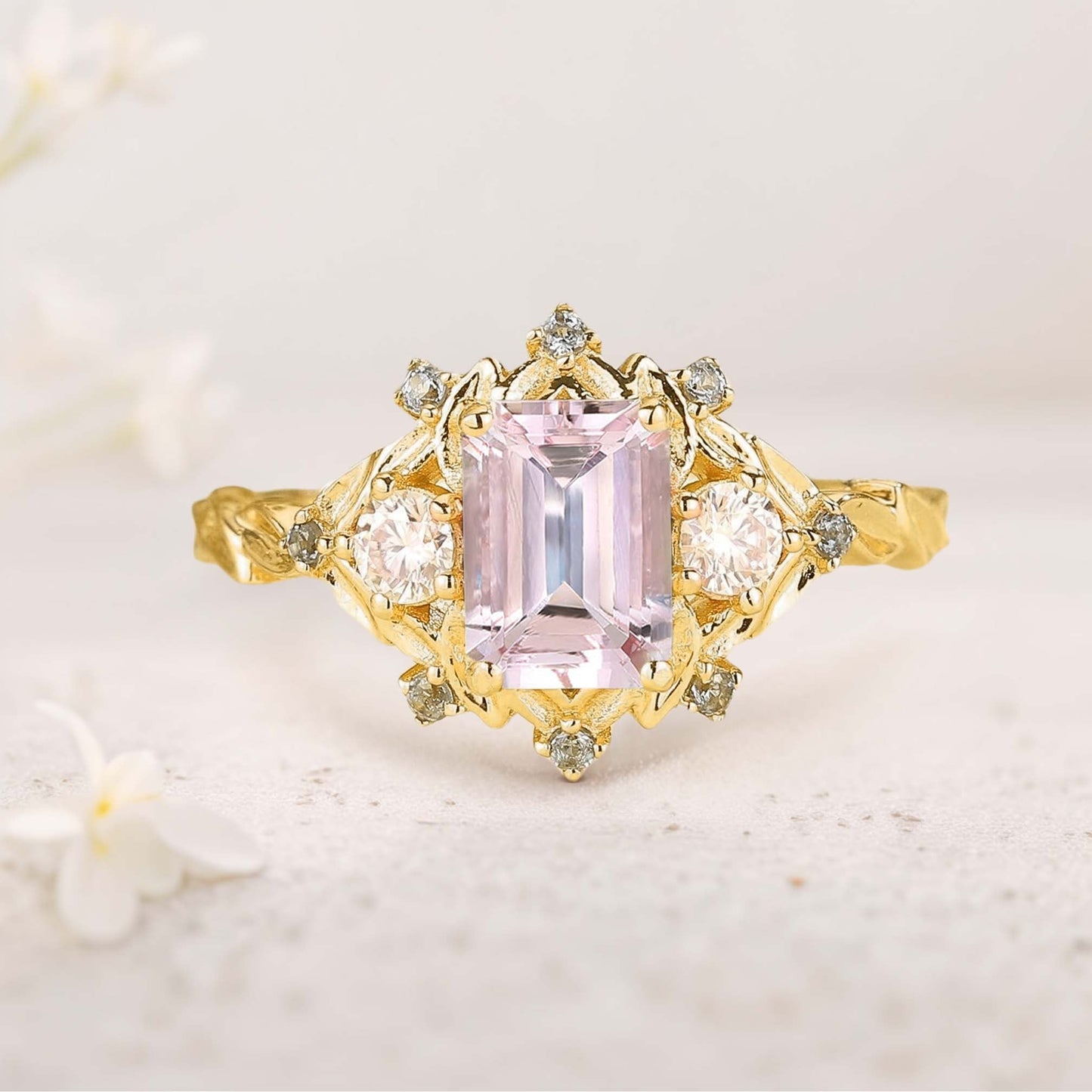 Vintage Three Stone Emerald cut Lab Morganite Engagement ring Fairy ring
