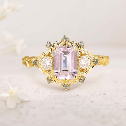 Vintage Three Stone Emerald cut Lab Morganite Engagement ring Fairy ring