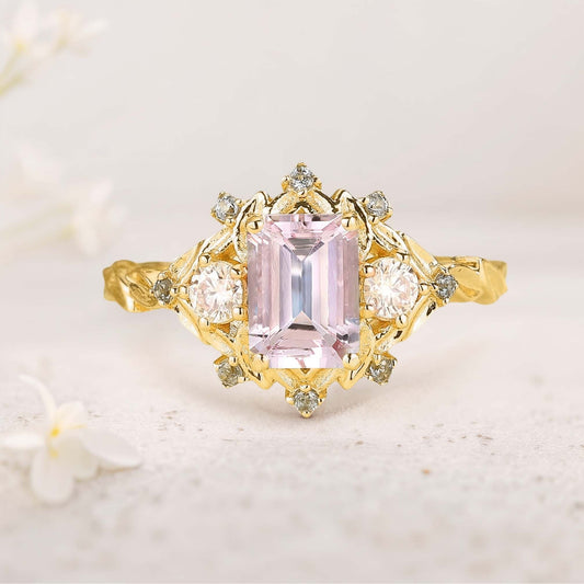 Vintage Three Stone Emerald cut Lab Morganite Engagement ring Fairy ring