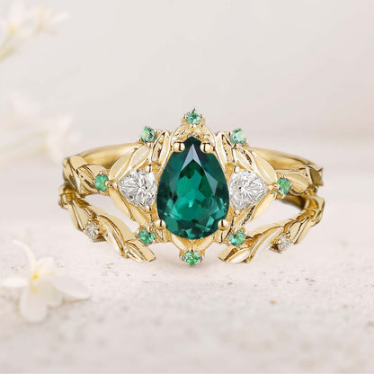 Unique Pear Lab Emerald Engagement Ring Set Leaf Wedding Ring Set