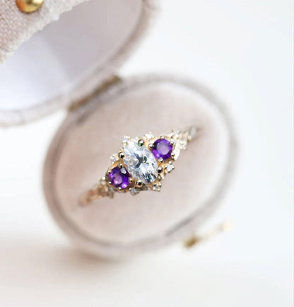 Unique Celeste Rose Oval Moissanite and Lab Amethyst Ring