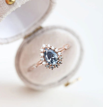 Unique Halo Leaf Pear Blue Grey Moissanite Ring